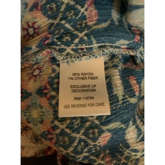 One World Women's XL Blouse Boho Metallic Threading Short Sleeve V Neck Tassels - Picture 12 of 12